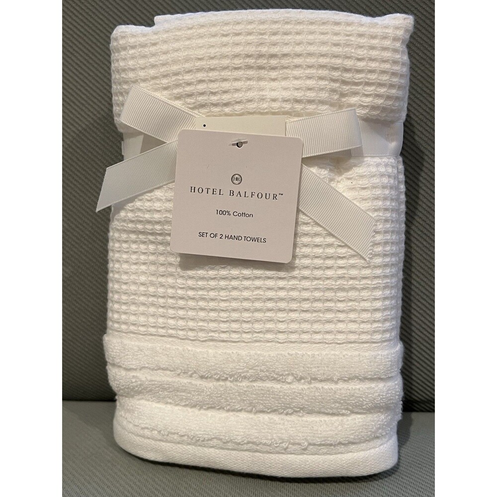 HOTEL BALFOUR Bath Hand Towels 100% Cotton White Textured SET OF TWO New